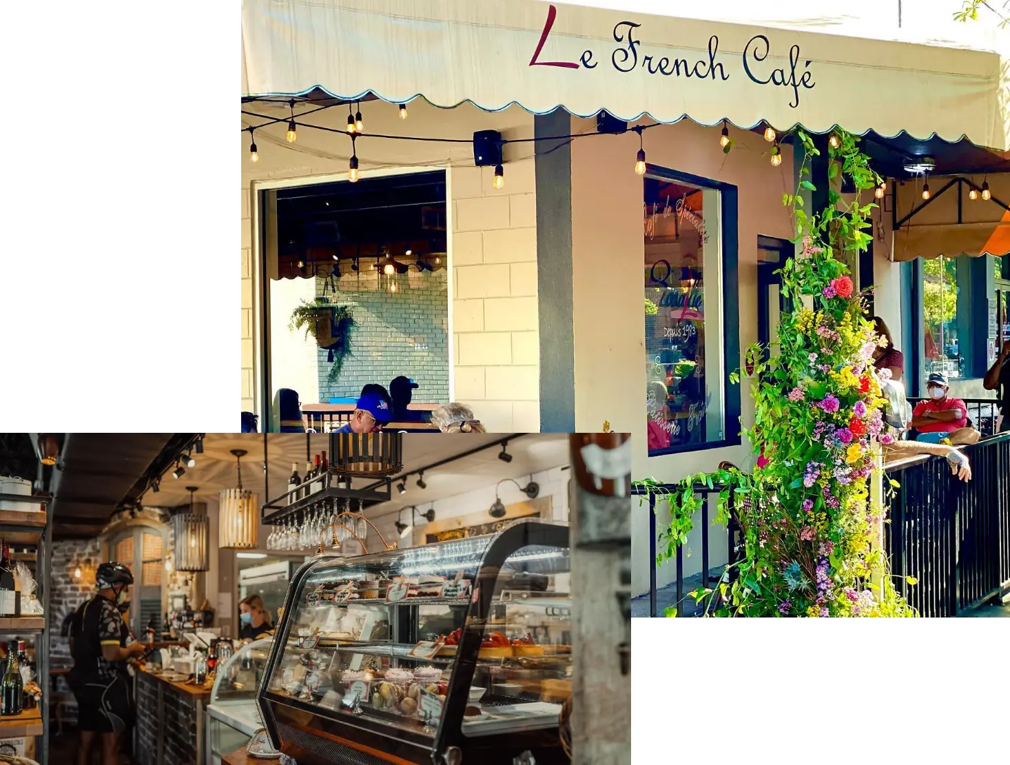 Le French Café exterior with floral decor and cozy interior bakery counter in Las Vegas